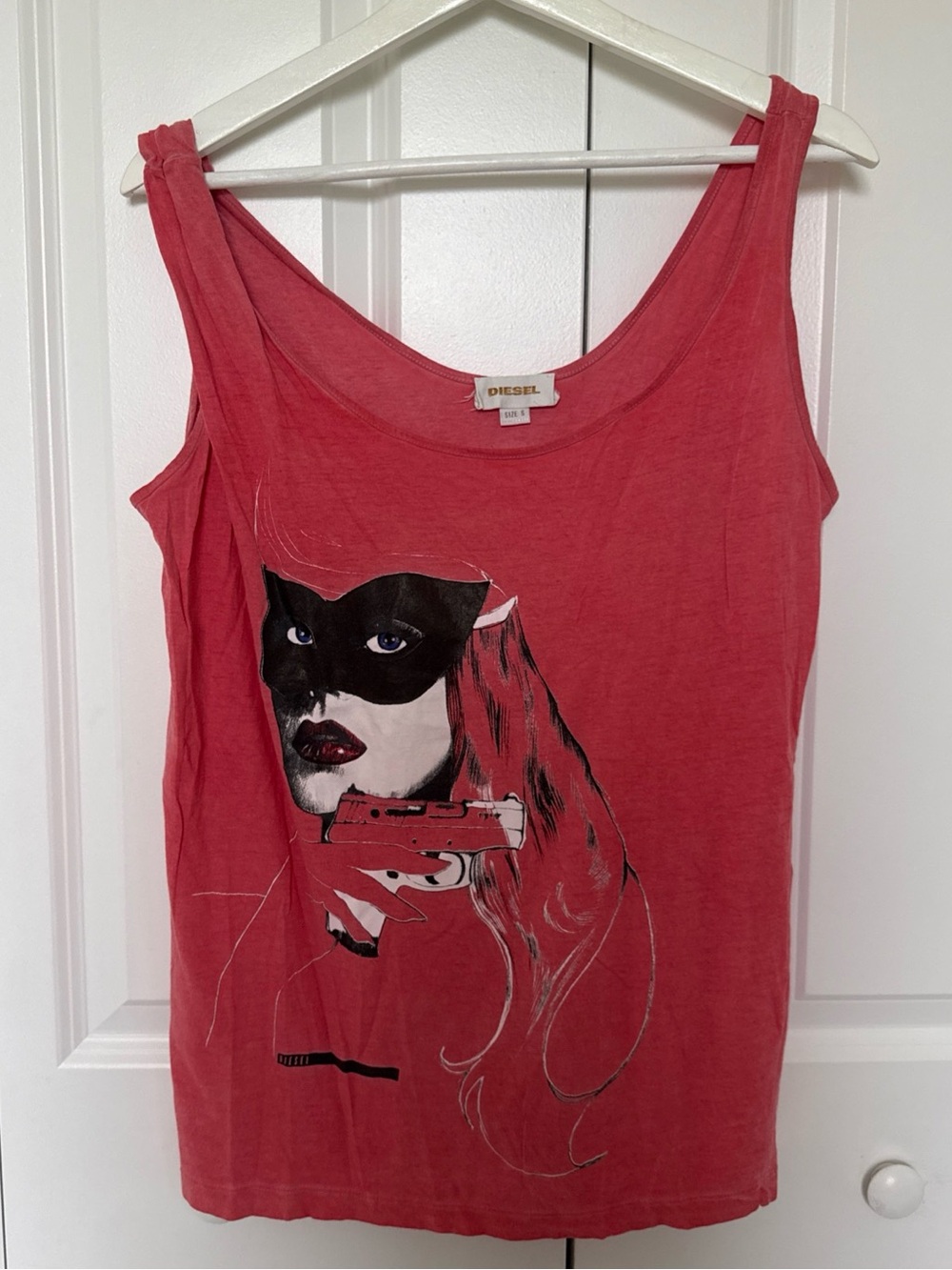Diesel Red Graphic Tank Top with Black and White Print
